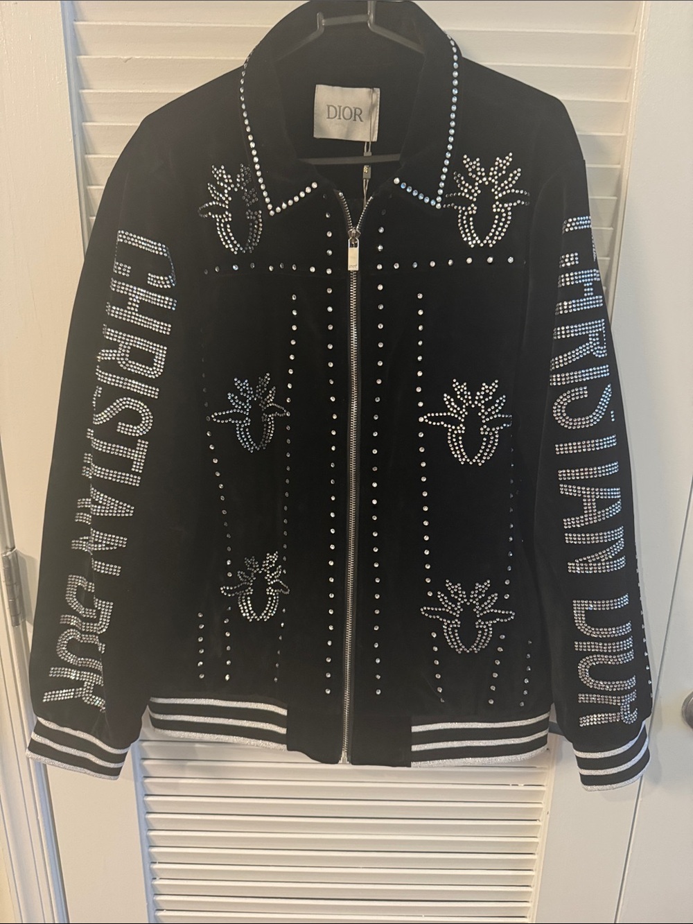 New!🔥Dior Black Crystal-Studded Varsity Zip Jacket!🔥